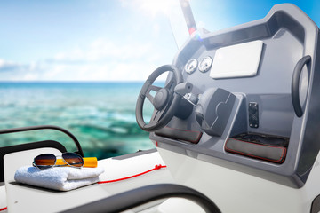 Poster - White towel and summer sunglasses on boat. Free space for your decoration and summer sunny day. 