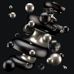 Black background with group of elements and metal. 3d illustration, 3d rendering.