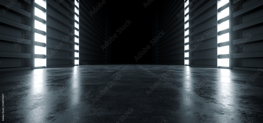 Futuristic Modern Sci Fi Concrete Hallway Corridor Tunnel Warehouse Underground Garage Grunge Dark Empty Reflection Showcase Stage White Blue Glow Spaceship 3D Rendering - obrazy, fototapety, plakaty 