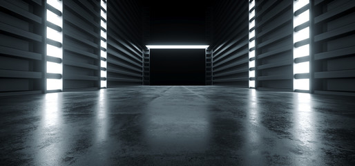 Futuristic Modern Sci Fi Concrete Hallway Corridor Tunnel Warehouse Underground Garage Grunge Dark Empty Reflection Showcase Stage White Blue Glow Spaceship 3D Rendering
