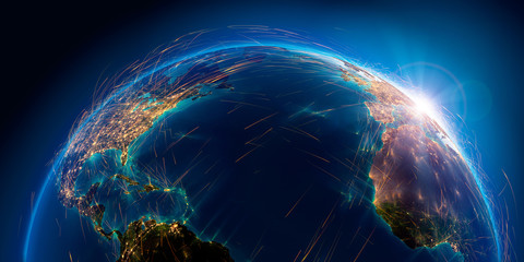 Wall Mural - detailed air routes on earth. 3d rendering