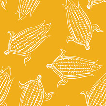 Sweet Corn Seamless Pattern On Yellow Background. Simple Vector Monochrome Illustration Of Maize. Cereal Crop Outline.
