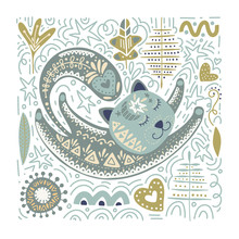 Folk Art Vector Cat Illustration.