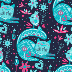Wall Mural - tribal cat seamless vector pattern.