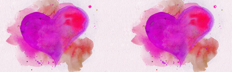 Two watercolor hearts over panoramic background