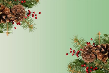 Poster - Christmas greeting card with fir tree branches and cones, snow, berries, copy space