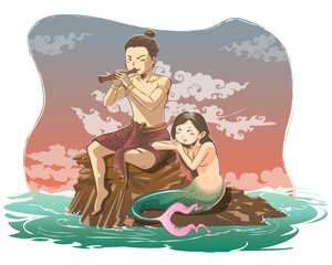 Hand draw Thai's fairy tale in Romantic Scene. The Story of Phra Abhai Mani. Playing pipe with his Mermaid wife. A World Poet and the Best Beloved Bard of Thailand. - Vector