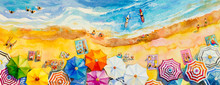 Painting Watercolor Seascape Top View Colorful Of Lovers, Family.