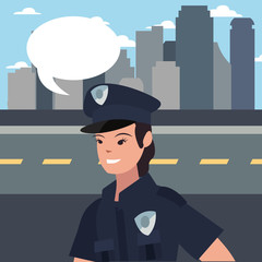 Canvas Print - female policeman speech bubble city street