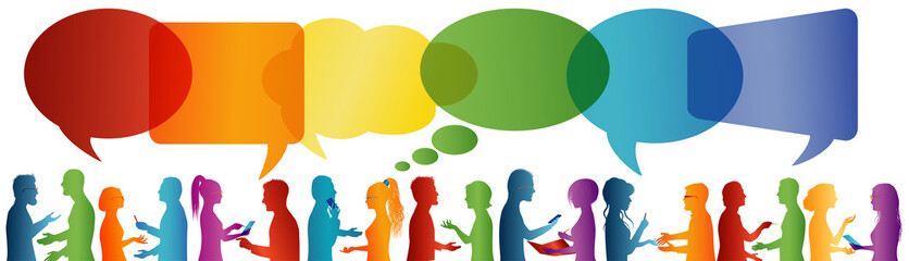 Wall Mural - Communication between large group of people who talk. Speech bubble. Crowd talking. Communicate social networking. Dialogue between people. Multicolored profile silhouette