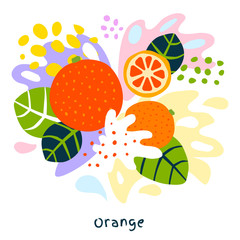 Fresh orange tropical exotic citrus fruits juice splash organic food juicy splatter oranges on abstract background vector hand drawn illustrations