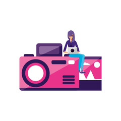 Canvas Print - woman using laptop with camera photographic