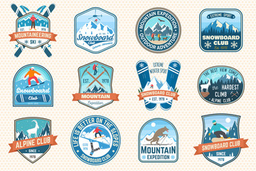 Wall Mural - set of mountain expedition and snowboard club patch. vector. concept for badge, print, stamp. vintag