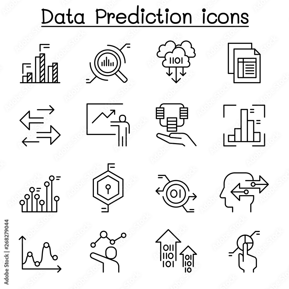 Data prediction icon set in thin line style - obrazy, fototapety, plakaty 