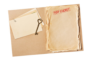 Wall Mural - Folder with top secret old yellowed paper and mockup for vintage card