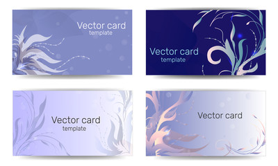 Business card template in blue shades with floral ornament. Text frame. Abstract geometric banner.