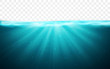 Transparent underwater blue ocean background. Horizon water surface. Vector illustration