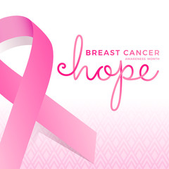 Wall Mural - breast cancer awareness month hope typography text and ping ribbon sign on white pink texture backgr