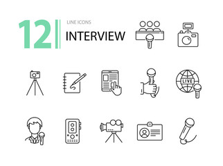 Interview icons. Line icons collection. Article, live broadcasting, press conference. Mass media concept. Vector illustration can be used for topic like communication, journalism, television