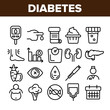 Diabetes, Disease Diagnostics Linear Vector Icons Set. Diabetes, Mellitus Thin Line Contour Symbols Pack. Illness Treatment Pictograms Collection. Blood Sugar Measurement Tools Outline Illustrations