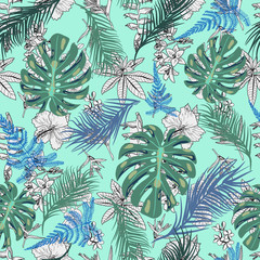  Hand drawn natural leaves and flowers pattern texture on green background.