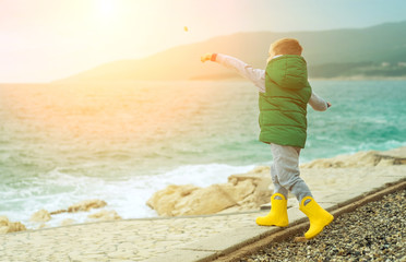 Happy childhood, little boy play near the sea on a sunny day, family vacations