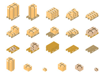 Set of europallets and cardboard boxes. Isometric view. Flat vector.