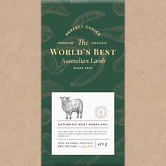 Wall Mural - Worlds Best Lamb Abstract Vector Plastic Tray Container Cover. Premium Meat Packaging Design Label Layout. Hand Drawn Sheep, Steak, Sausage, Wings and Legs Sketch Pattern Background.