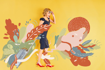 top view of young shocked elegant woman with suitcase lying on yellow background with floral illustration