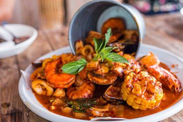 Boiled shrimp with sea salt, pepper, lemon and dill 