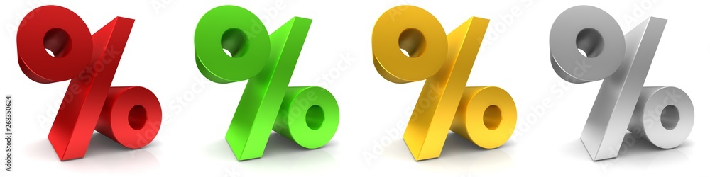 percent percentage sign % symbol interest rate icon red green gold yellow silver gray 3d render graphic sale discount savings offer price drop off set isolated on white background - obrazy, fototapety, plakaty 