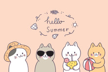 Cartoon Cute Summer Cats Vector.