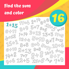 Wall Mural - Find the sum and color addition worksheet set. Coloring book page. Math game. Addition, writing and search skills educational exercise. Vector illustration.