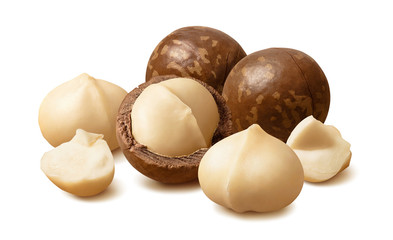 Wall Mural - group of macadamia nuts isolated on white background. package design element with clipping path