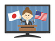 © R-DESIGN - テレビで日米について演説する女性のイラスト