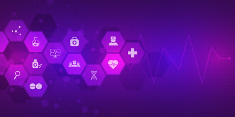 Abstract medical background with flat icons and symbols. Concepts and ideas for healthcare technology, innovation medicine, health, science and research.