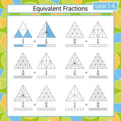 Equivalent Fractions Mathematical Worksheet. Triangles. Coloring Book Page. Math Puzzle. Educational Game. Vector illustration.