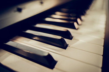 Piano keys side view. Piano keyboard background. 