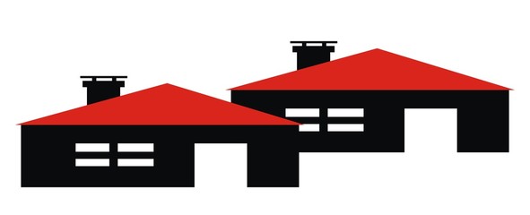 Two houses, terraced construction, vector illustration. Black houses with smoke stacks and red roof.