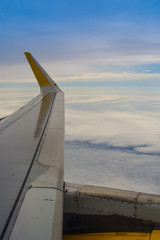 View of the wing of a commercial airplane.