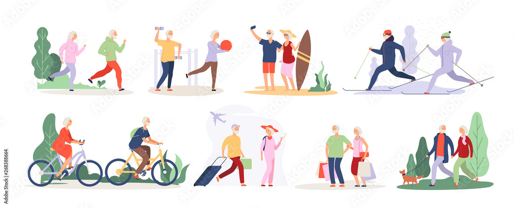 Elderly characters. Grandfather grandmother couple sport tourist tandem cute old granny elderly people outdoor vector isolated set. Illustration of grandfather and grandmother do sport activity - obrazy, fototapety, plakaty 