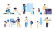 © MicroOne - Kids parents cleaning. Mother father children cleaners housework vacuuming sweep household equipment vector cartoon characters. Family do housework, parents cleaning illustration
