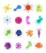 Germs set. Flu virus toxin cells microbes amoeba epidemiology bacteria disease germ flu cell microbiology isolated vector set. Amoeba and flu, cell and illness, disease bacterium illustration