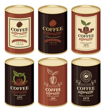 Set Of Vector Illustration Of Tin Cans With Various Labels For Coffee Decorated By Coffee Beans And Inscriptions