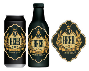 Wall Mural - Vector beer label with coat of arms, wreath of wheat and ribbon in figured frame on black and gold background in retro style. Sample beer label on beer can and beer bottle