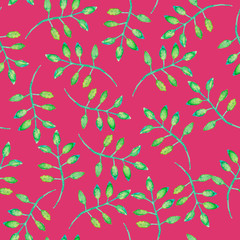 Seamless pattern on vibrant pink background with green leaves on branch, botanical watercolor painting