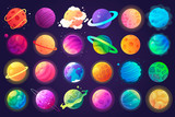 Fototapeta Kosmos - Vector set of cartoon planets. Colorful set of isolated objects. Space background. Fantasy planets. EPS 10