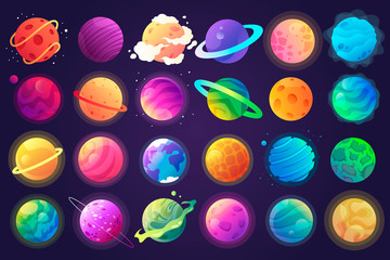 vector set of cartoon planets. colorful set of isolated objects. space background. fantasy planets. 