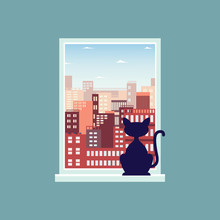 Landscape View Of City Skyline From The Window With A Cat Flat Vector Illustration.
