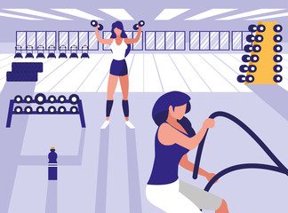 Poster - athletic women lifting dumbbells and rope sport in gym